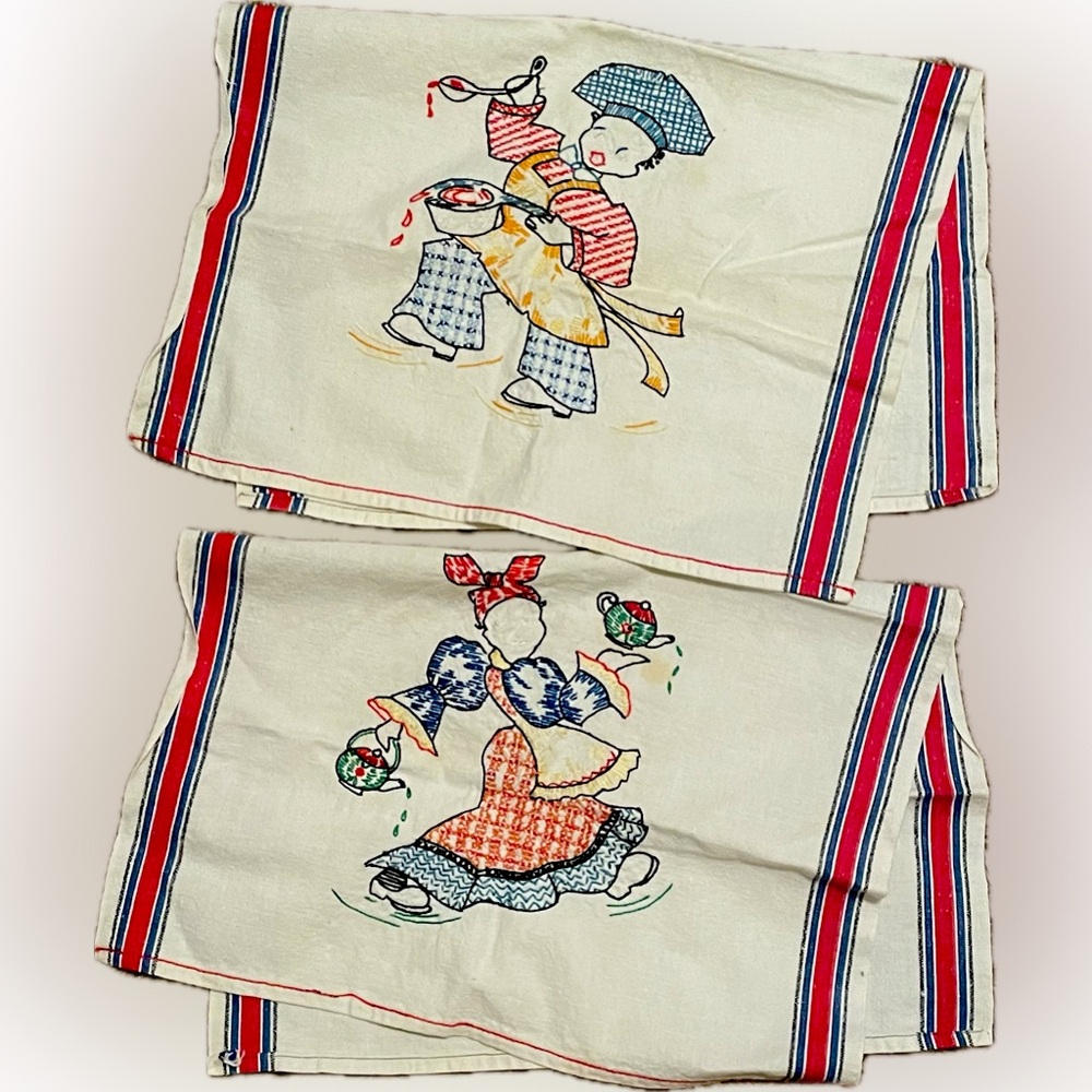 Vintage Embroidered Red Blue Black Stripe Kitchen Cooks Tea Towels - Set of 2